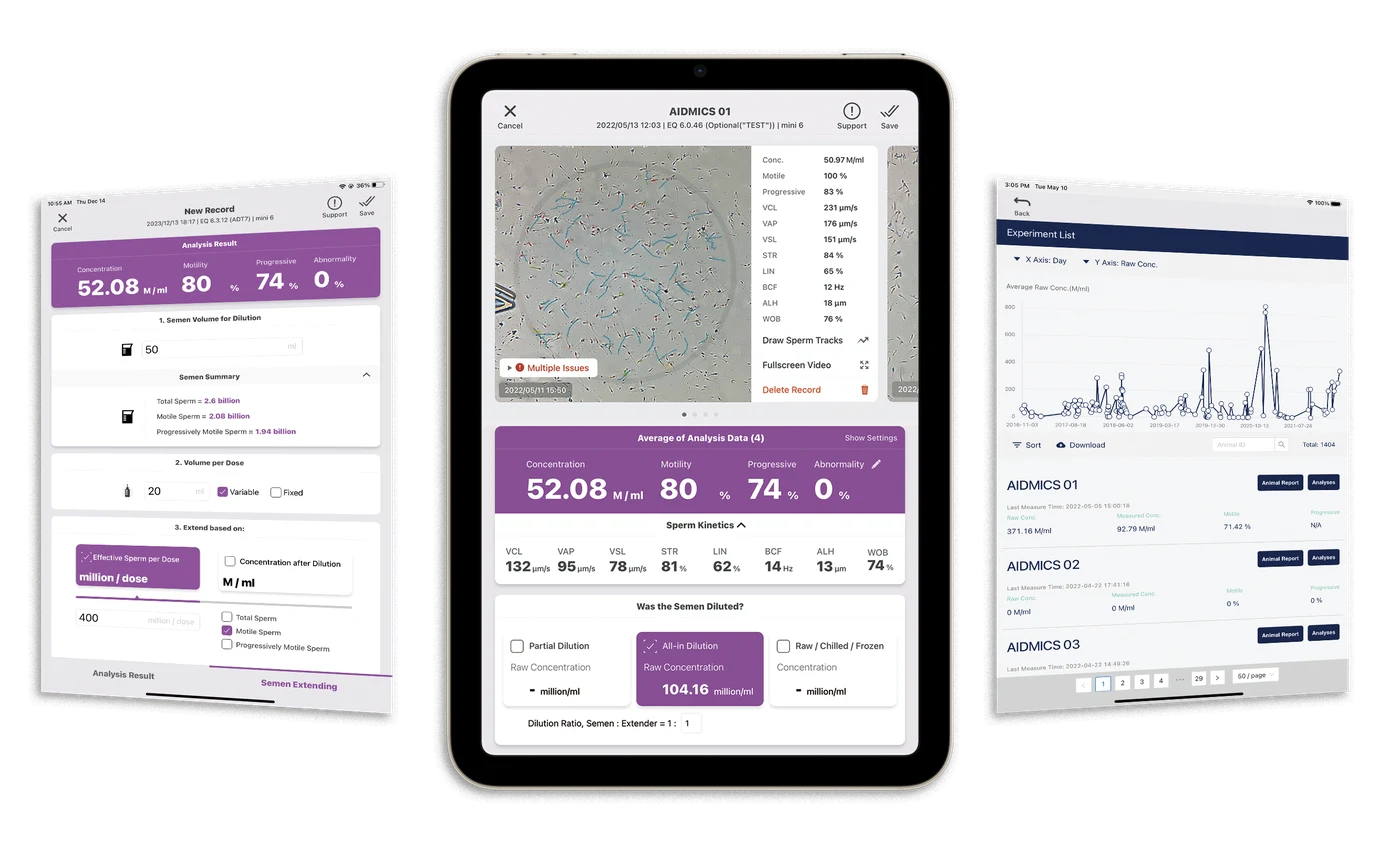 iSperm equine analysis on iPad mini — concentration, motility and per-animal records